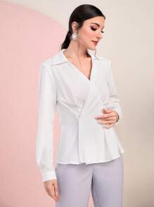 Modelyn Solid Wrap Front Peplum Blouse Women Shirt - White - View 3