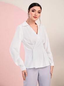 Modelyn Solid Wrap Front Peplum Blouse Women Shirt - White - View 4
