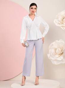 Modelyn Solid Wrap Front Peplum Blouse Women Shirt - White - View 5