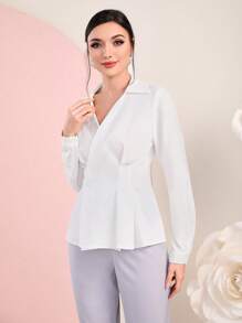 Modelyn Solid Wrap Front Peplum Blouse Women Shirt - White - View 6
