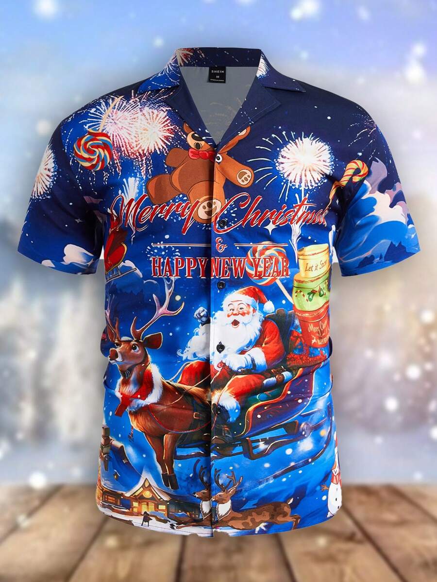 GENTILAND Loose Fit Men's Christmas Print Short Sleeve Shirt