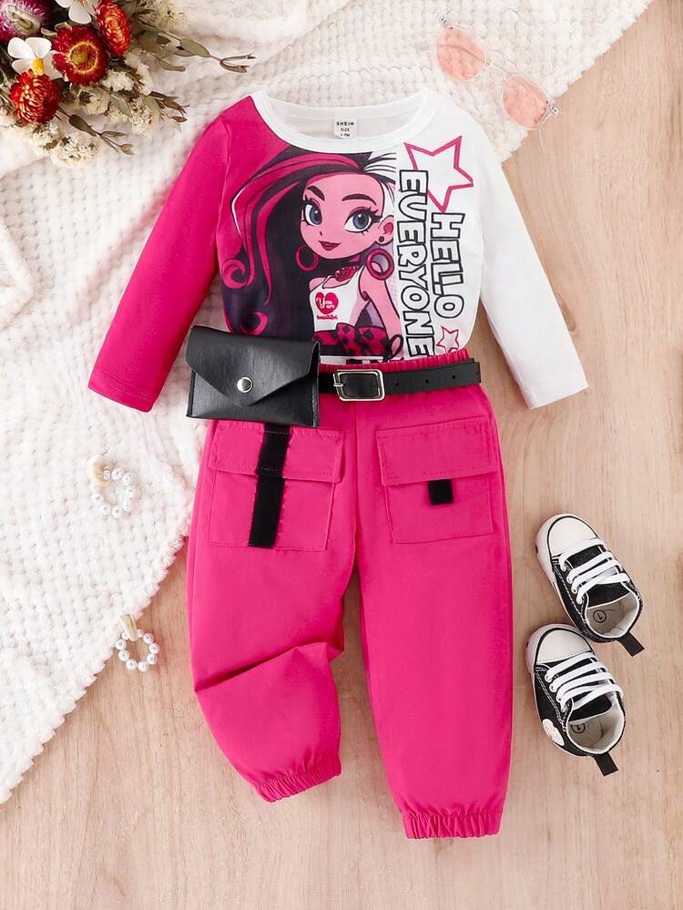 Baby Girl Figure Graphic Tee & Flap Pocket Pants Without Belt Bag