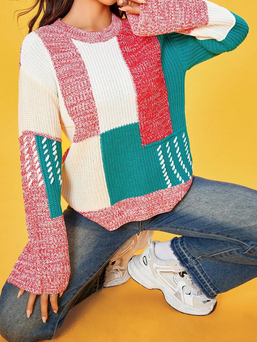 SHEIN Unity 撞色落肩袖套頭毛衣 - 彩色 - 查看 1