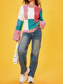 SHEIN Unity 撞色落肩袖套頭毛衣 - 彩色 - 查看 3