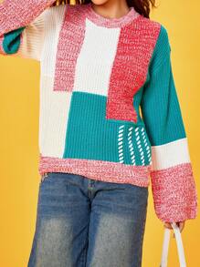 SHEIN Unity 撞色落肩袖套頭毛衣 - 彩色 - 查看 4