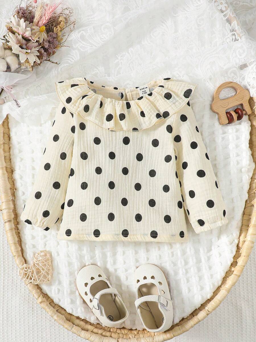 Đứa bé gái In vết tròn Polka Viền Ruffle Lỗ khóa trở lại Áo thun - Đen và trắng - Xem 1