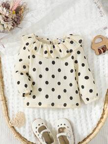 Đứa bé gái In vết tròn Polka Viền Ruffle Lỗ khóa trở lại Áo thun - Đen và trắng - Xem 3