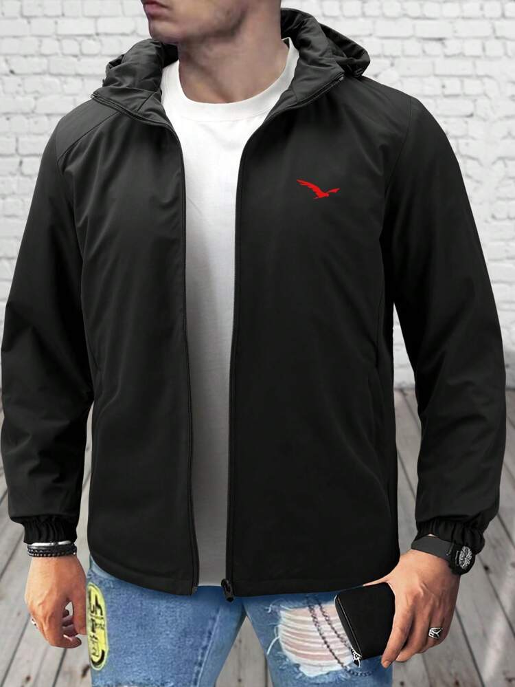Men Bird Pattern Hooded Padded Coat