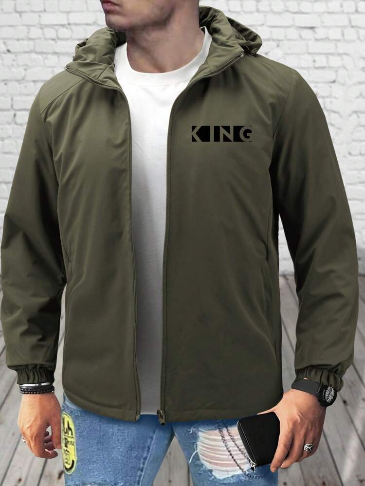 Loose Fit Men's Zip Up Hooded Winter Jacket With Letter Print