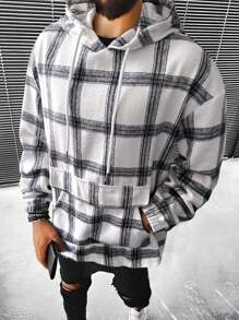 Manfinity Homme 男士格紋袋鼠口袋抽繩連帽衫 - 彩色 - 查看 1