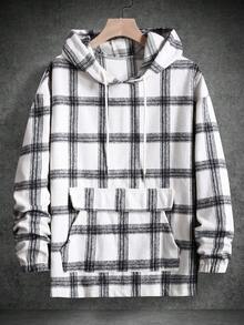 Manfinity Homme 男士格紋袋鼠口袋抽繩連帽衫 - 彩色 - 查看 3