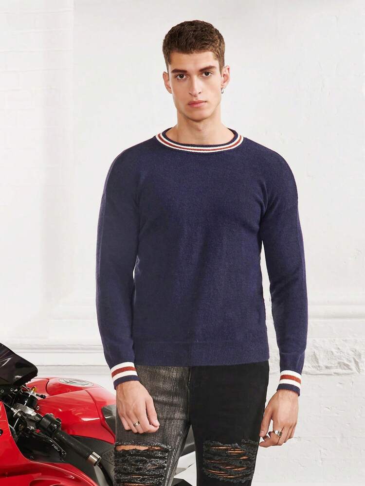 Men Striped Trim Drop Shoulder Sweater, For Fall Winter