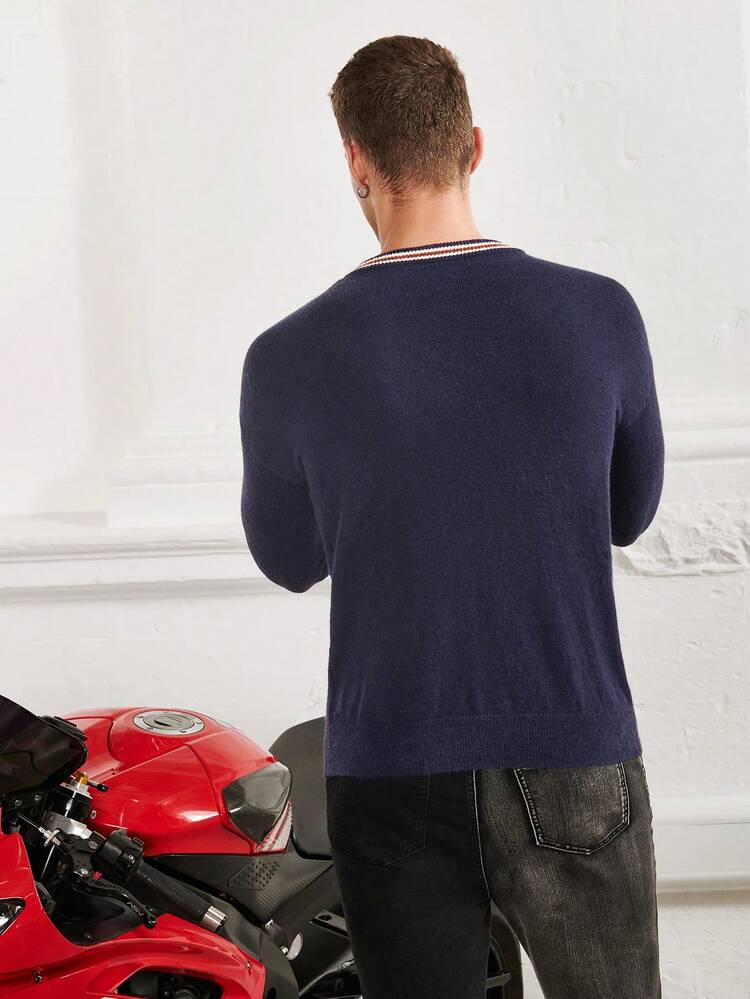 Men Striped Trim Drop Shoulder Sweater, For Fall Winter