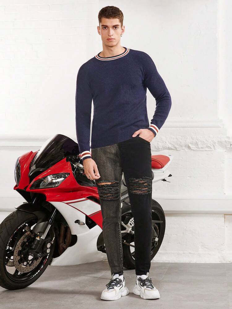 Men Striped Trim Drop Shoulder Sweater, For Fall Winter