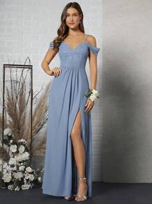 SHEIN Belle Vestido de dama de honor con hombros descubiertos y abertura en el muslo, vestido elegante - Neblina azul - Ver 1