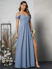 SHEIN Belle Vestido de dama de honor con hombros descubiertos y abertura en el muslo, vestido elegante - Neblina azul - Ver 3