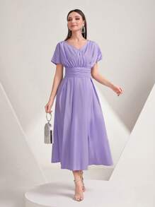 Modelyn Chất rắn Eo Ruched Váy chữ A - Màu tím - Xem 1