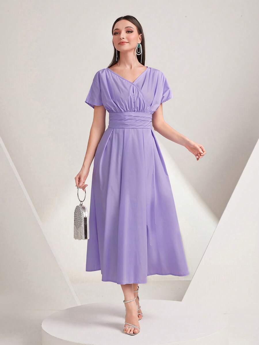 Modelyn Chất rắn Eo Ruched Váy chữ A - Màu tím - Xem 1