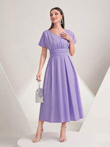 Modelyn Chất rắn Eo Ruched Váy chữ A - Màu tím - Xem 4