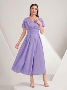 Modelyn Chất rắn Eo Ruched Váy chữ A - Màu tím - Xem 5