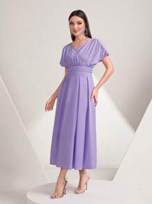 Modelyn Chất rắn Eo Ruched Váy chữ A - Màu tím - Xem 6