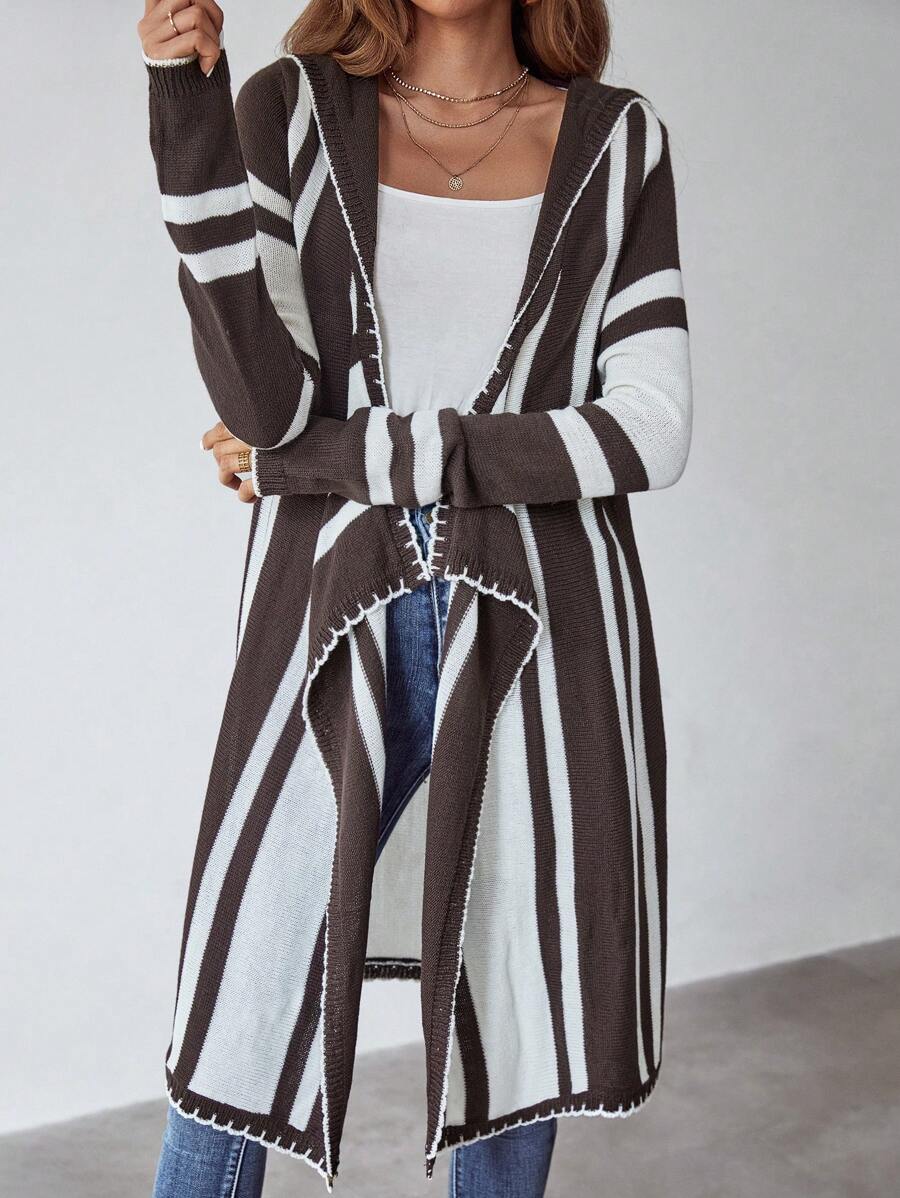 SHEIN LUNE Cardigan duster modelli righe spalle cadenti con cappuccio