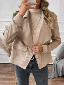 SHEIN LUNE Solid Flap Pocket Suedette Jacket - Khaki - View 1