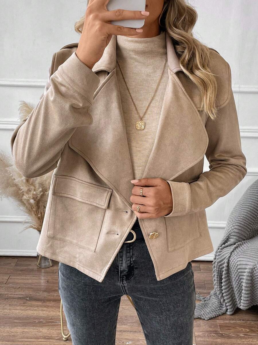 SHEIN LUNE Solid Flap Pocket Suedette Jacket - Khaki - View 1