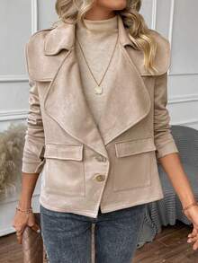 SHEIN LUNE Solid Flap Pocket Suedette Jacket - Khaki - View 3