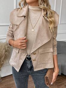 SHEIN LUNE Solid Flap Pocket Suedette Jacket - Khaki - View 4