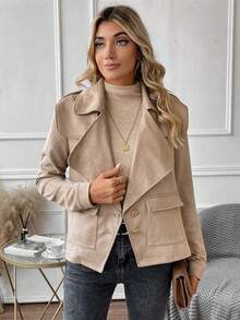 SHEIN LUNE Solid Flap Pocket Suedette Jacket - Khaki - View 5