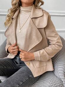 SHEIN LUNE Solid Flap Pocket Suedette Jacket - Khaki - View 6