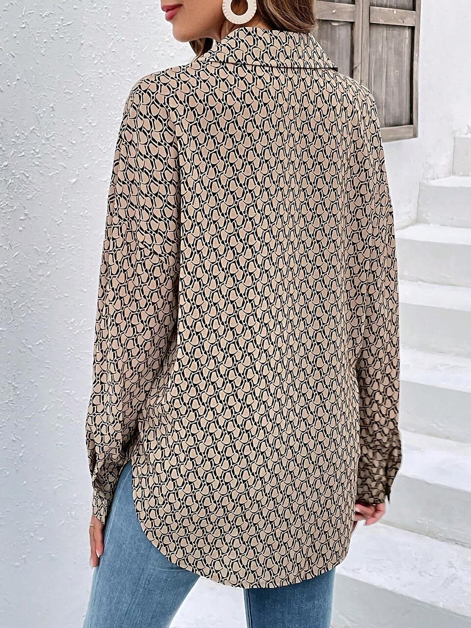 Allover Print Knot Front Shirt Winter Casual Elegant