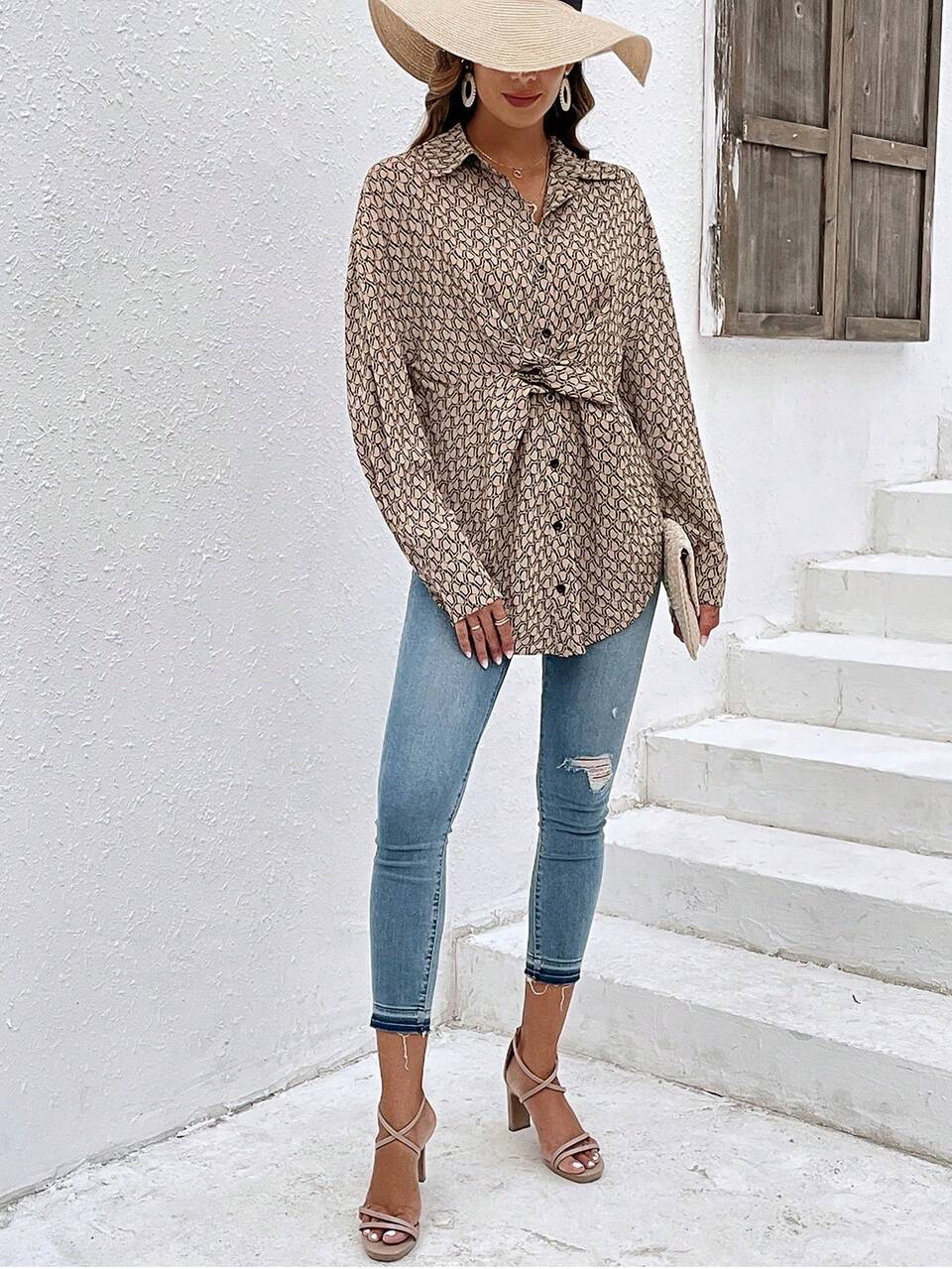 Allover Print Knot Front Shirt Winter Casual Elegant