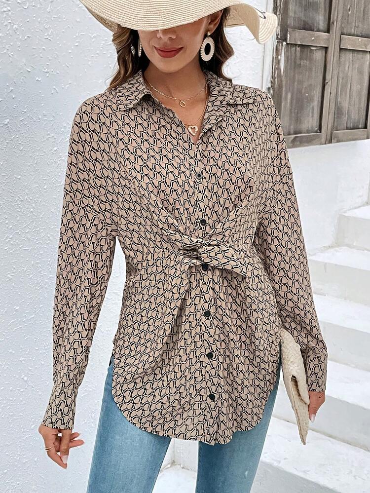 Allover Print Knot Front Shirt Winter Casual