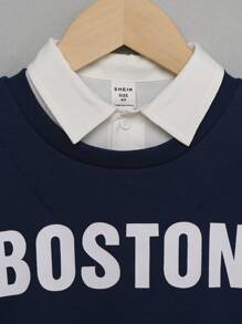 SHEIN Áo nỉ lấy cảm hứng từ đường phố giản dị, thoải mái và sành điệu cho bé trai với chất liệu chải mềm mại và ấm áp, thiết kế 2 trong 1 thiết thực và đa năng, có logo chữ cái, thích hợp để mặc mùa đông - Màu xanh hải quân - Xem 3