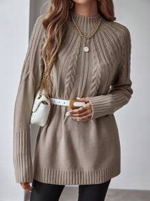 SHEIN LUNE Cable Knit Raglan Sleeve Sweater Without Belt,Long Sleeve Tops Knit Pullover Fall Winter Sweater - Khaki - View 3