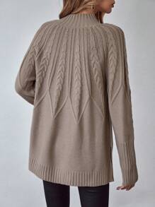 SHEIN LUNE Cable Knit Raglan Sleeve Sweater Without Belt,Long Sleeve Tops Knit Pullover Fall Winter Sweater - Khaki - View 2