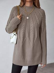 SHEIN LUNE Cable Knit Raglan Sleeve Sweater Without Belt,Long Sleeve Tops Knit Pullover Fall Winter Sweater - Khaki - View 4
