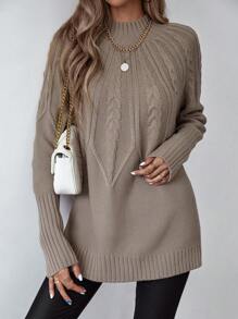 SHEIN LUNE Cable Knit Raglan Sleeve Sweater Without Belt,Long Sleeve Tops Knit Pullover Fall Winter Sweater - Khaki - View 5