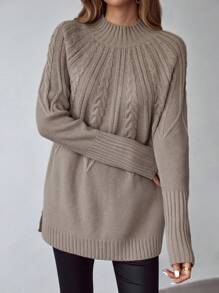 SHEIN LUNE Cable Knit Raglan Sleeve Sweater Without Belt,Long Sleeve Tops Knit Pullover Fall Winter Sweater - Khaki - View 6