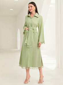 Mulvari Tassel Trim Belted Shirt Dress - Green - View 3