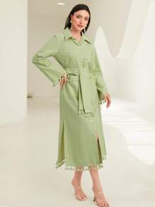 Mulvari Tassel Trim Belted Shirt Dress - Green - View 4