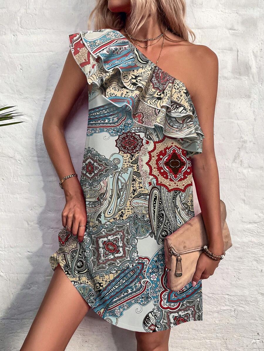 SHEIN Privé In hoa Paisley Một bờ vai Viền Ruffle Đầm - Nhiều màu - Xem 1