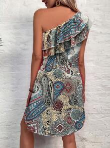 SHEIN Privé In hoa Paisley Một bờ vai Viền Ruffle Đầm - Nhiều màu - Xem 2