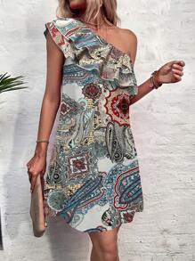 SHEIN Privé In hoa Paisley Một bờ vai Viền Ruffle Đầm - Nhiều màu - Xem 3