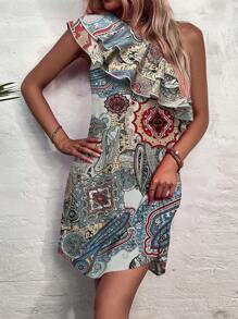 SHEIN Privé In hoa Paisley Một bờ vai Viền Ruffle Đầm - Nhiều màu - Xem 4