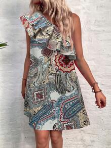 SHEIN Privé In hoa Paisley Một bờ vai Viền Ruffle Đầm - Nhiều màu - Xem 6