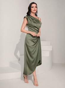 Modelyn Vestido de cuello asimétrico fruncido de satén - Verde - Ver 4