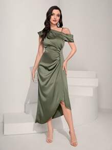 Modelyn Vestido de cuello asimétrico fruncido de satén - Verde - Ver 6
